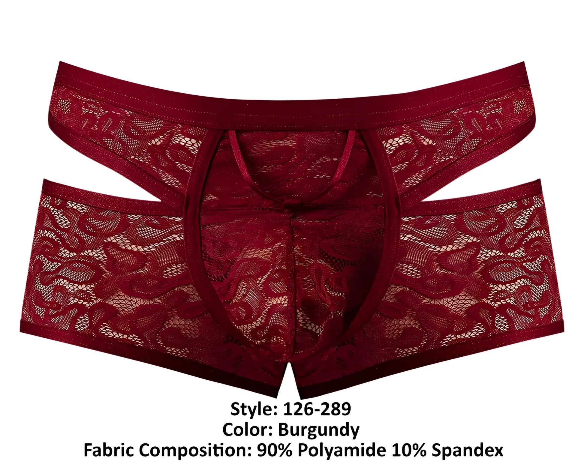 Male power 126-289 lucifer cut out short burgundy lace men’s underwear with elastic waistband and cut out design