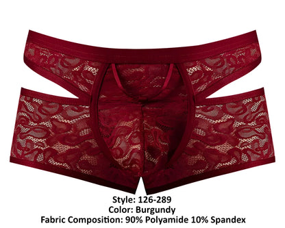 Male power 126-289 lucifer cut out short burgundy lace men’s underwear with elastic waistband and cut out design