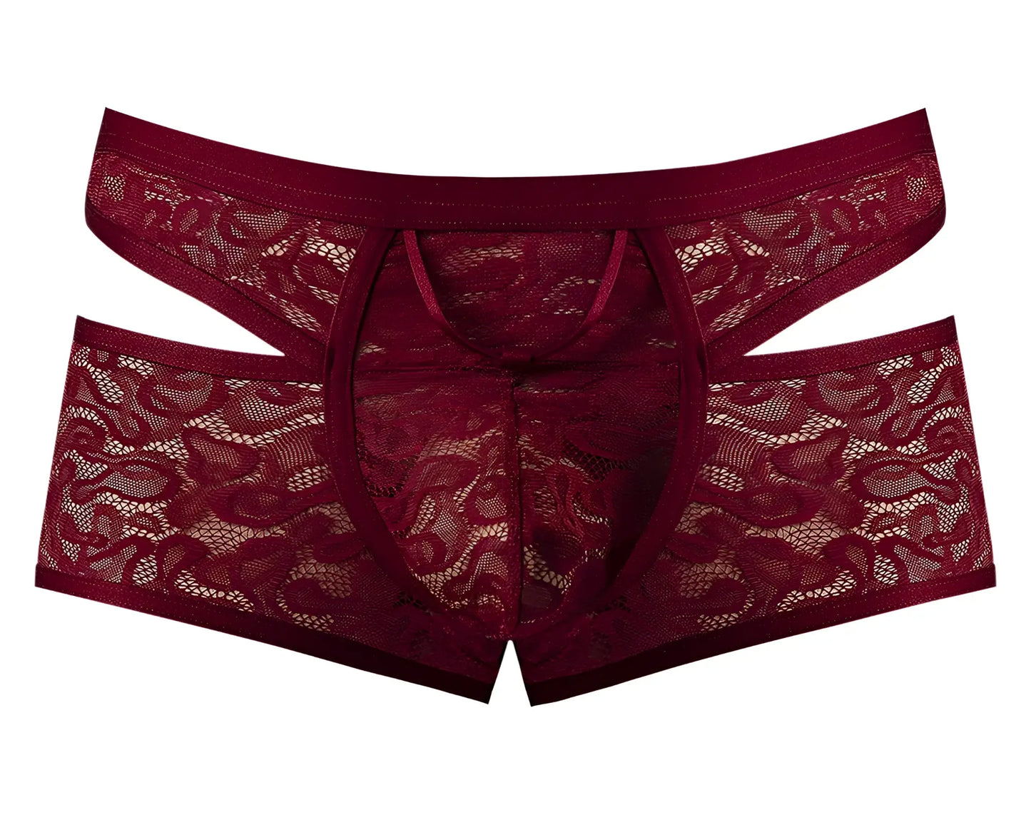 Maroon male power 126-289 lucifer cut out lace shorts with intricate floral patterns and a revealing design