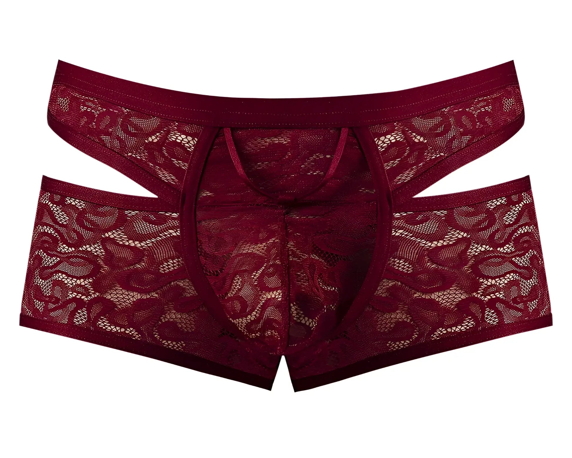 Maroon male power 126-289 lucifer cut out lace shorts with intricate floral patterns and a revealing design