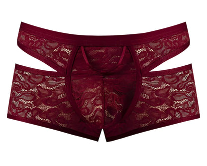 Maroon male power 126-289 lucifer cut out lace shorts with intricate floral patterns and a revealing design