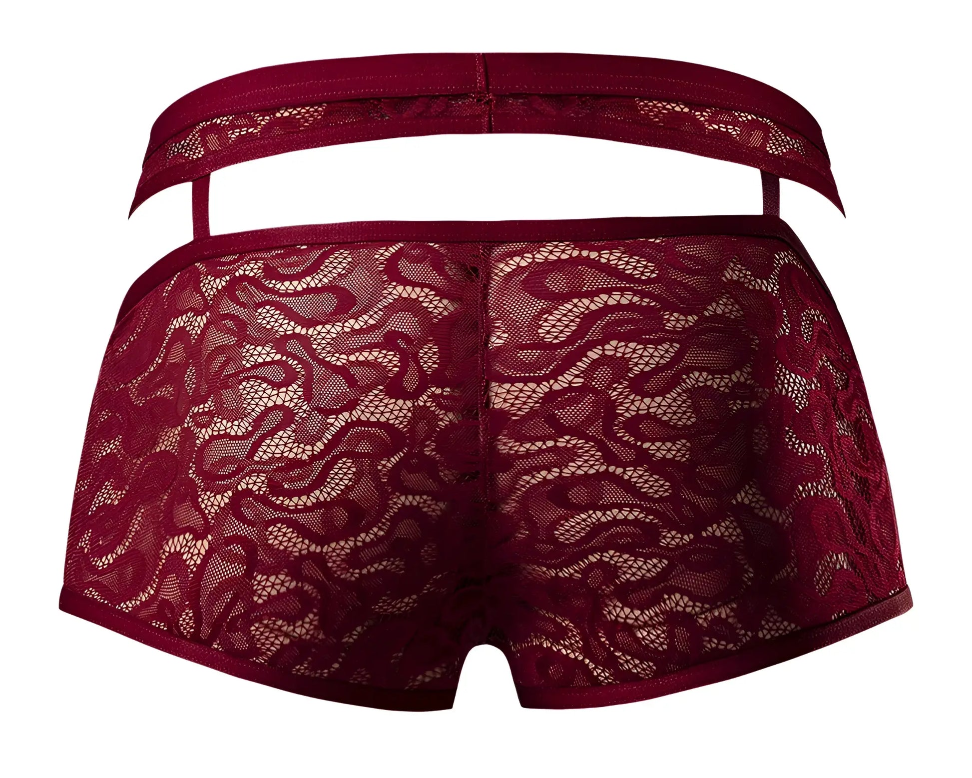 Back side of maroon male power 126-289 lucifer cut out short underwear with lace material and elastic waistband