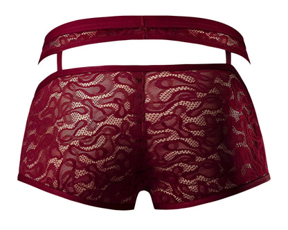 Back side of maroon male power 126-289 lucifer cut out short underwear with lace material and elastic waistband