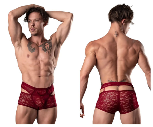 Male power 126-289 lucifer cut out short burgundy red lace briefs with decorative pattern and cut out sides