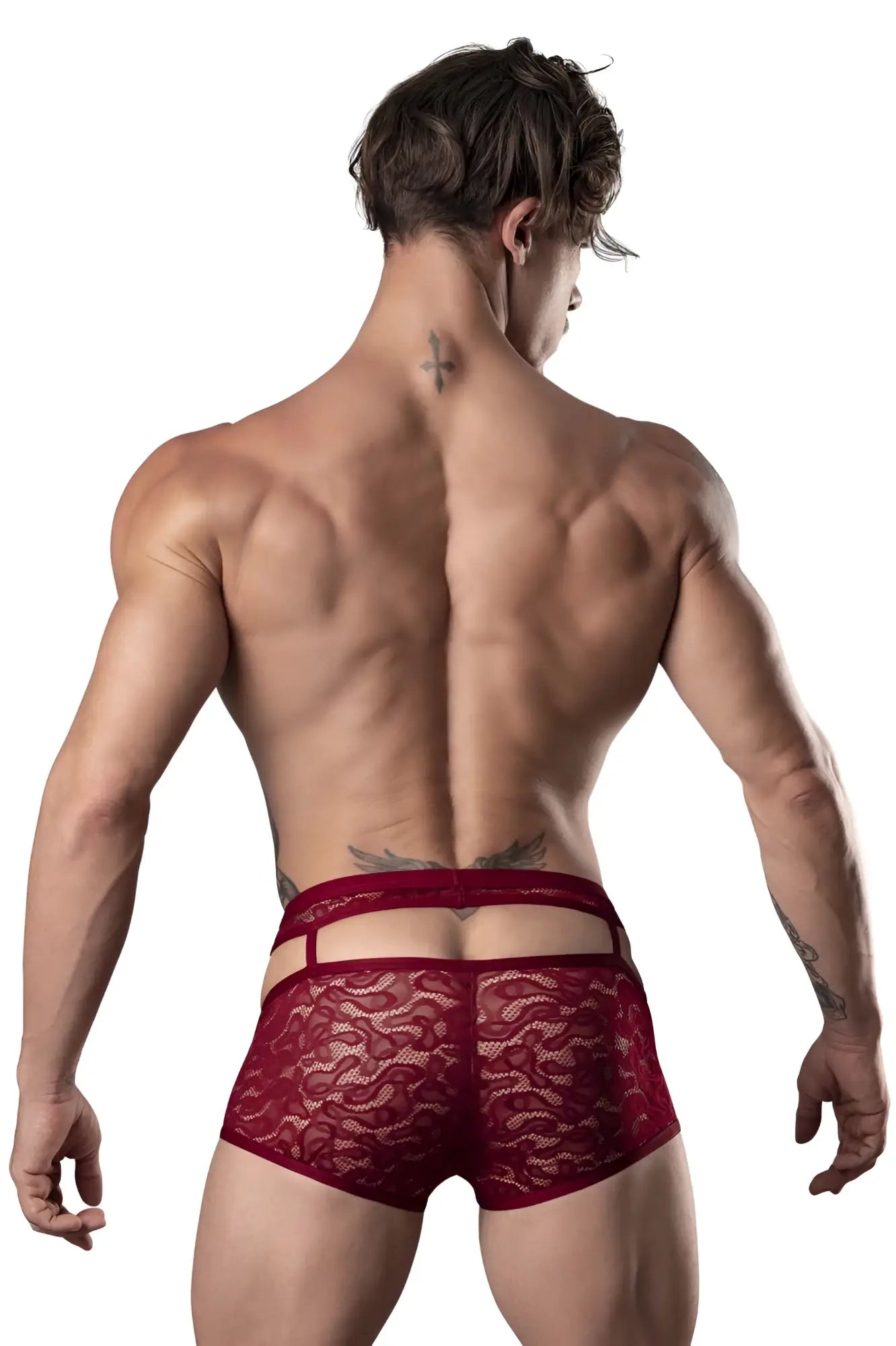 Red lace briefs with cut out back design in burgundy by male power featuring short lucifer style