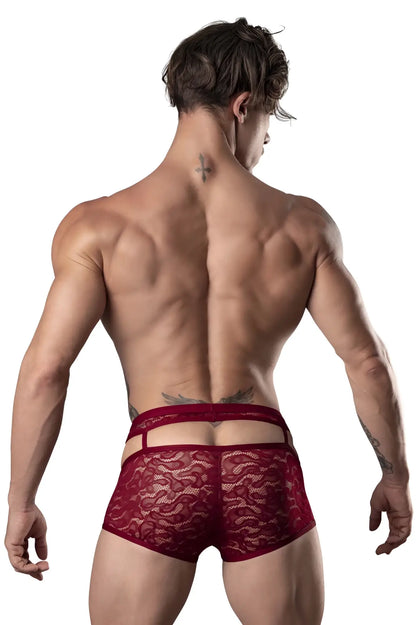 Red lace briefs with cut out back design in burgundy by male power featuring short lucifer style