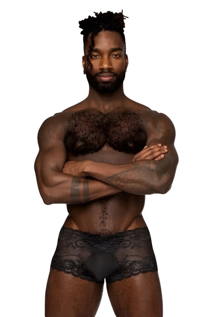 Male power 127-280 sassy lace mini short sheer pouch black mens underwear with patterned lace and opaque central panel