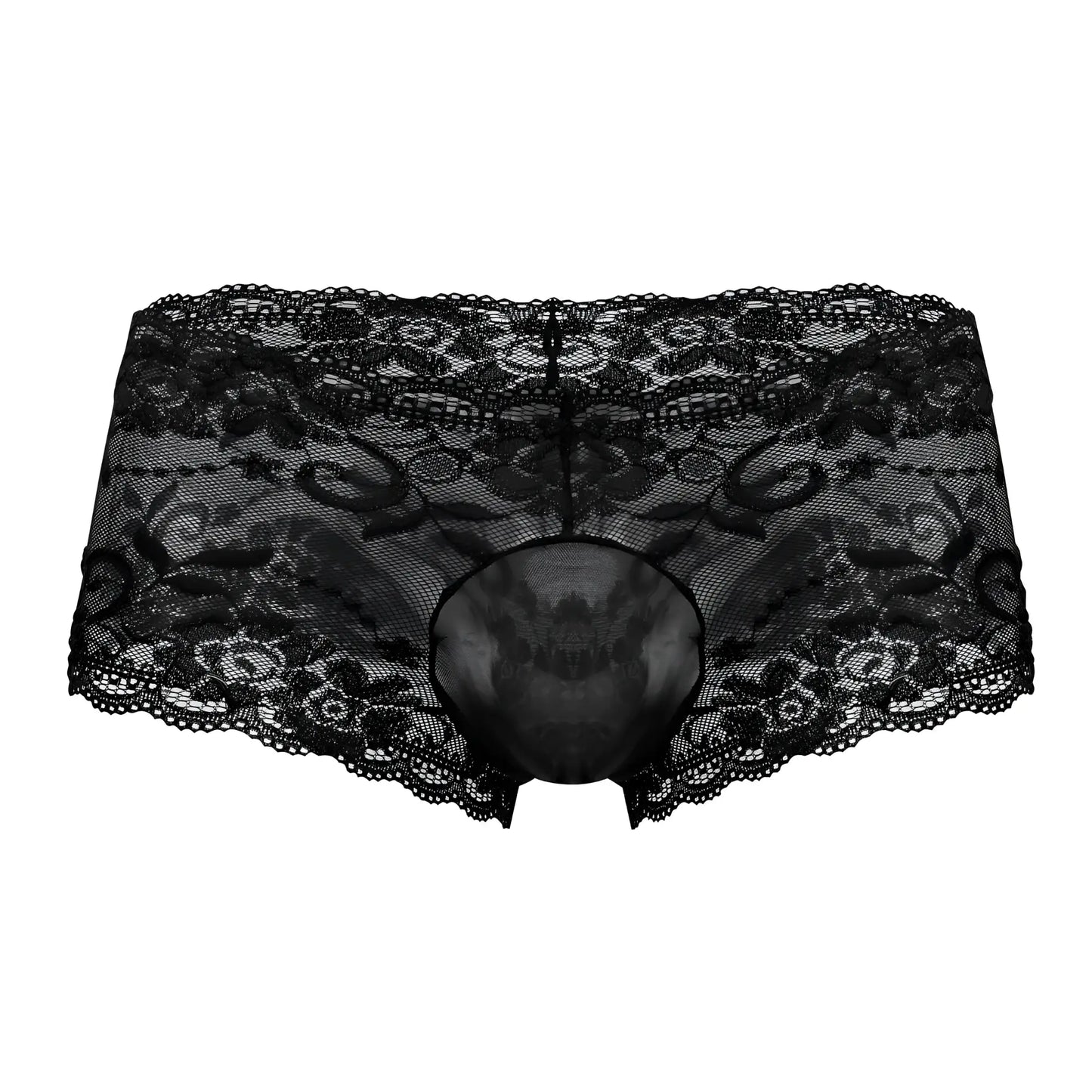 Male power 127-280 sassy lace mini short sheer pouch in black with intricate floral lace and mesh texture