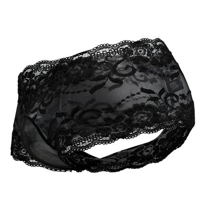 Male power 127-280 sassy lace mini short sheer pouch in black with intricate floral lace and sheer mesh base