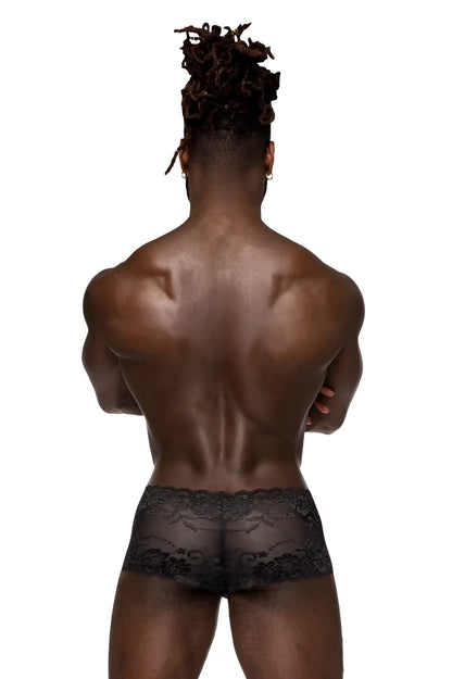 Male power 127-280 sassy lace mini short in black with intricate floral detailing and sheer pouch design