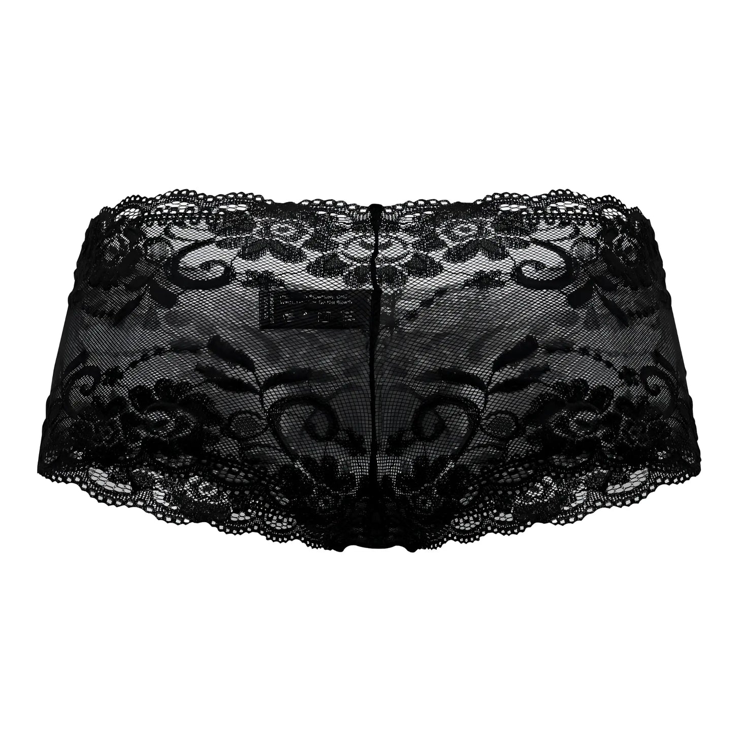 Male power 127-280 sassy lace mini short sheer black underwear with intricate floral and scrollwork patterns