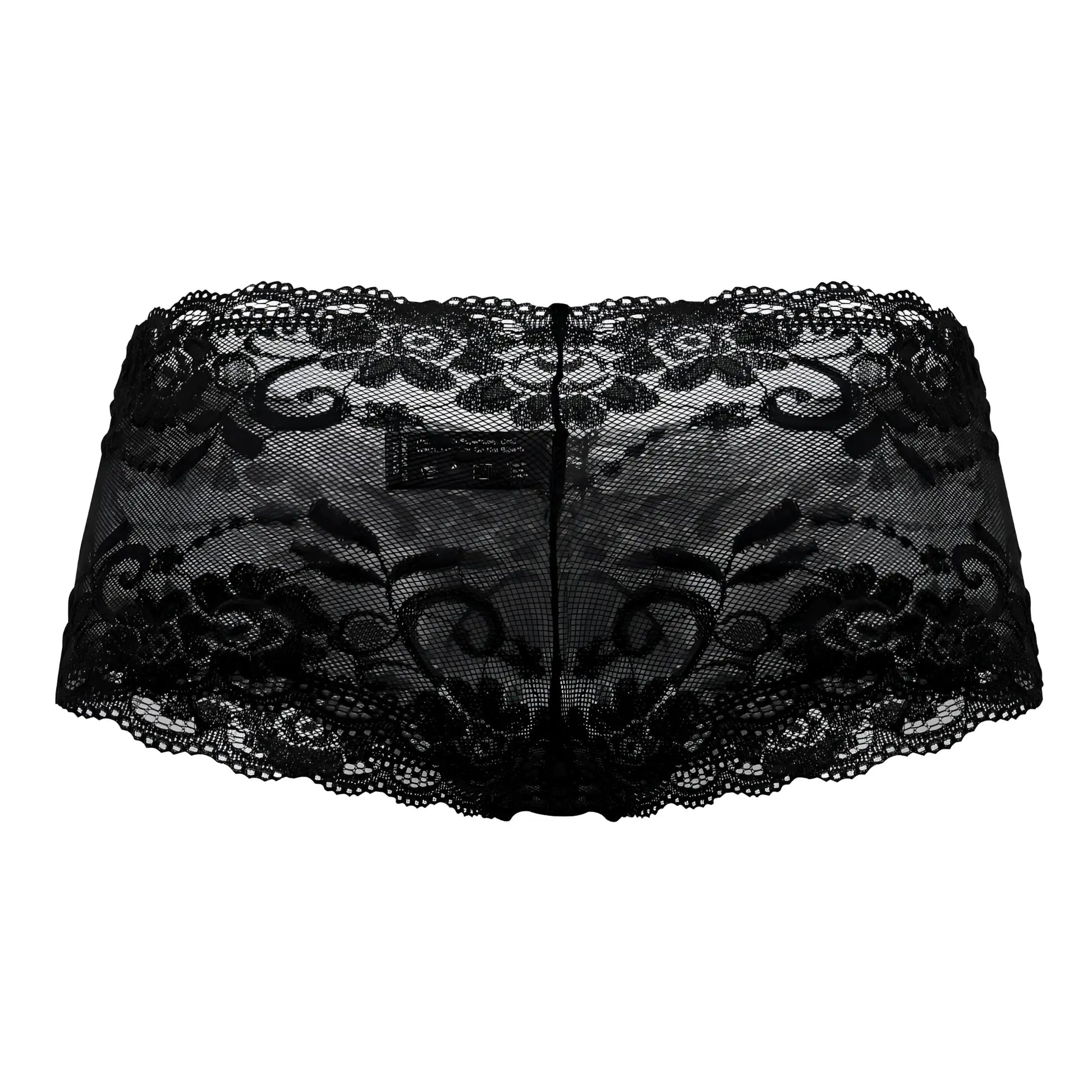 Male power 127-280 sassy lace mini short sheer black underwear with intricate floral and scrollwork patterns