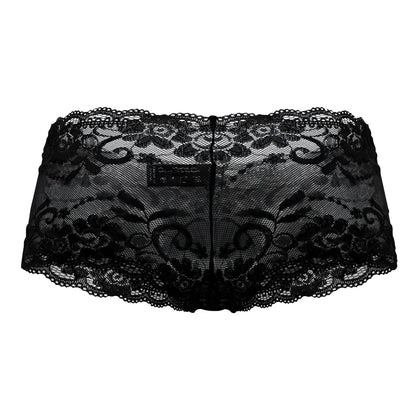 Male power 127-280 sassy lace mini short sheer black underwear with intricate floral and scrollwork patterns