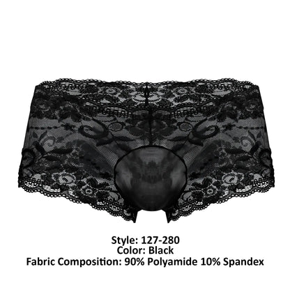 Male power 127-280 sassy lace mini short sheer pouch black lace underwear with intricate floral patterns and mesh design