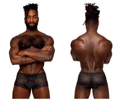 Male power 127-280 sassy lace mini short sheer pouch in black featuring intricate floral lace detailing on the waistband
