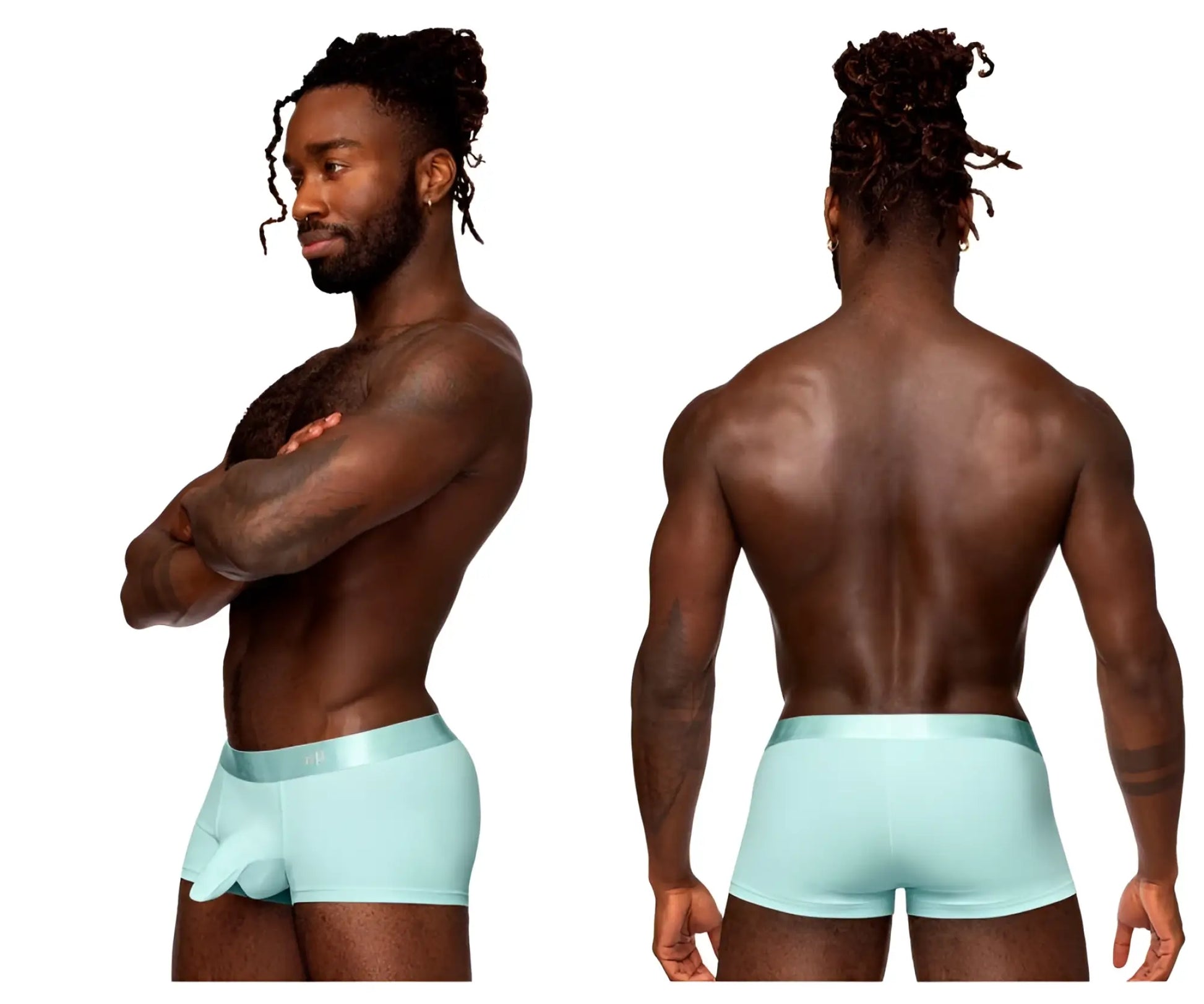 Light blue male power 129-281 easy breezy mini short briefs with satin finish and contoured design in aqua
