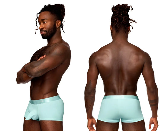 Light blue male power 129-281 easy breezy mini short briefs with satin finish and contoured design in aqua
