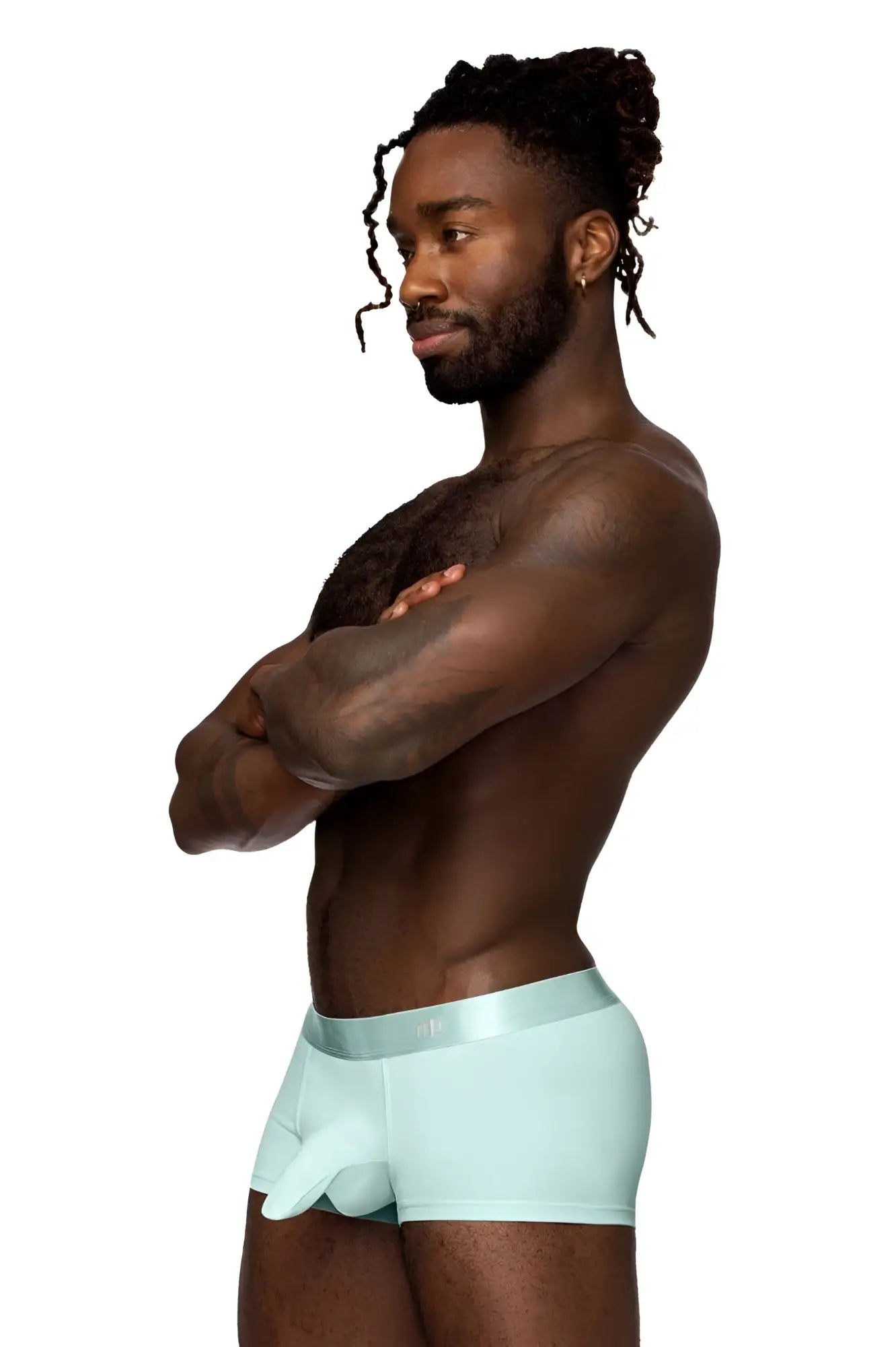 Light blue male power 129-281 easy breezy mini short with satin waistband sleek modern men’s briefs in aqua