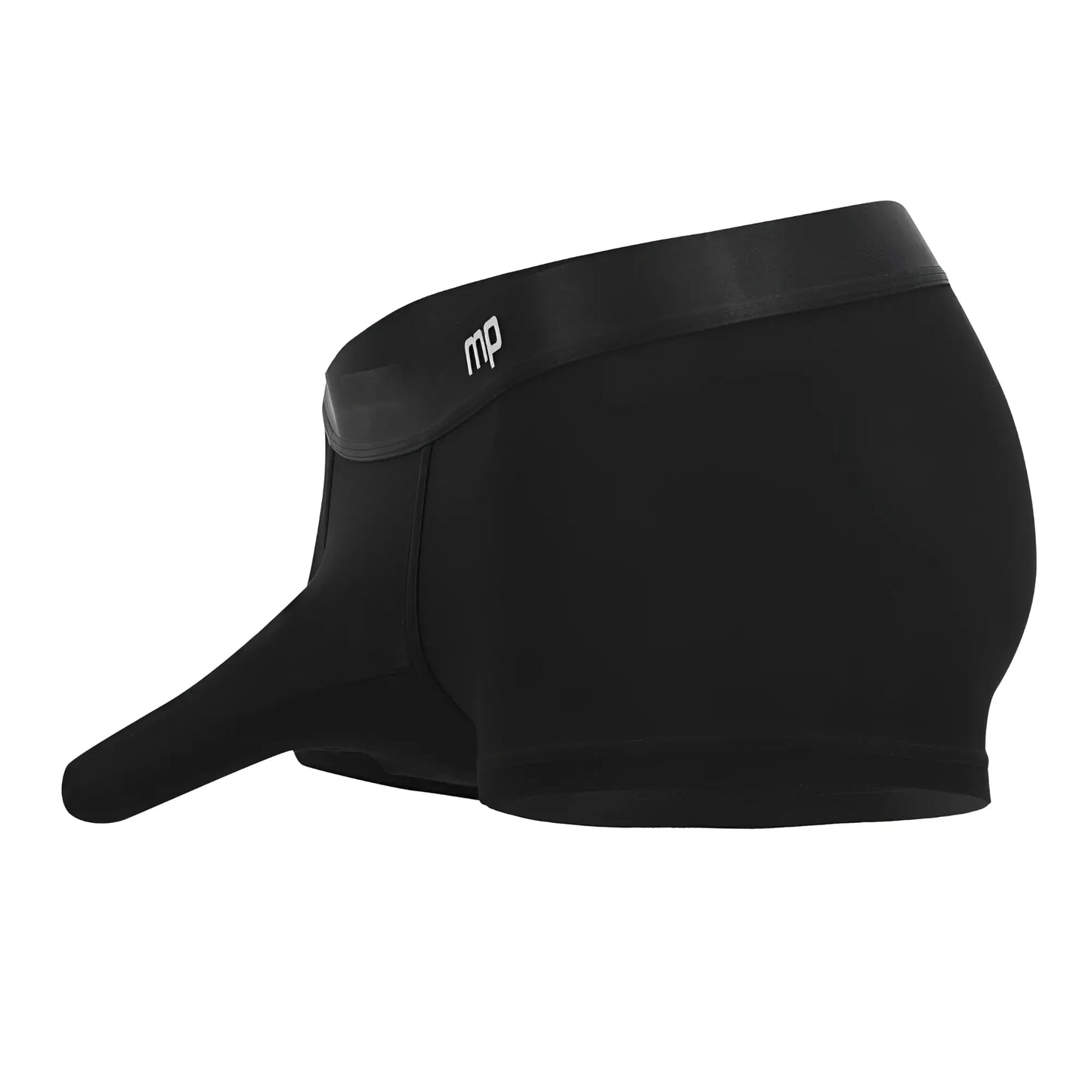 Black men’s boxer briefs with elongated pouch and smooth elastic waistband featuring mp logo in male power 129-281 easy breezy mini short black