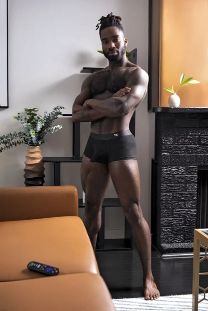 Black male power 129-281 easy breezy mini short briefs with sleeve showing soft breathable fabric and snug fit