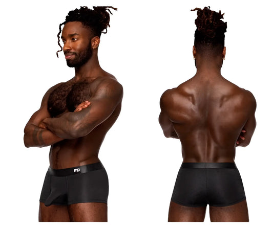 Male Power 129-281 black easy breezy mini short briefs with sleek form-fitting design and subtle waistband logo