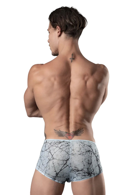 Male power 130-290 marble mesh micro mini short in light blue with gray and black marble-patterned briefs design
