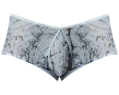 Men’s Male Power 130-290 marble mesh micro mini briefs with gray and black cracked stone pattern and light blue waistband