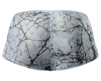 Male power 130-290 marble mesh micro mini short in light blue featuring gray and black marble-patterned sheer briefs