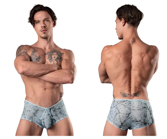 Male power light blue marble mesh micro mini short briefs with snug form-fitting design and gray marble pattern