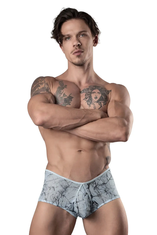 Gray and white marble-patterned men’s briefs with a light blue waistband made of mesh micro fabric by Male Power