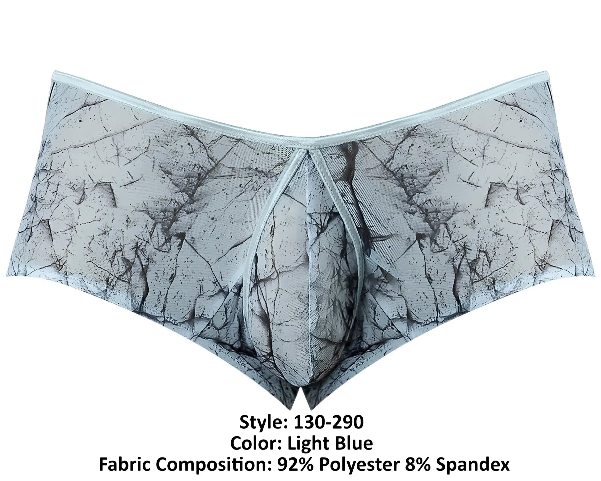 Light blue male power marble mesh micro mini short underwear with gray black cracked stone pattern made of polyester spandex
