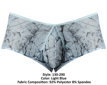 Light blue male power marble mesh micro mini short underwear with gray black cracked stone pattern made of polyester spandex