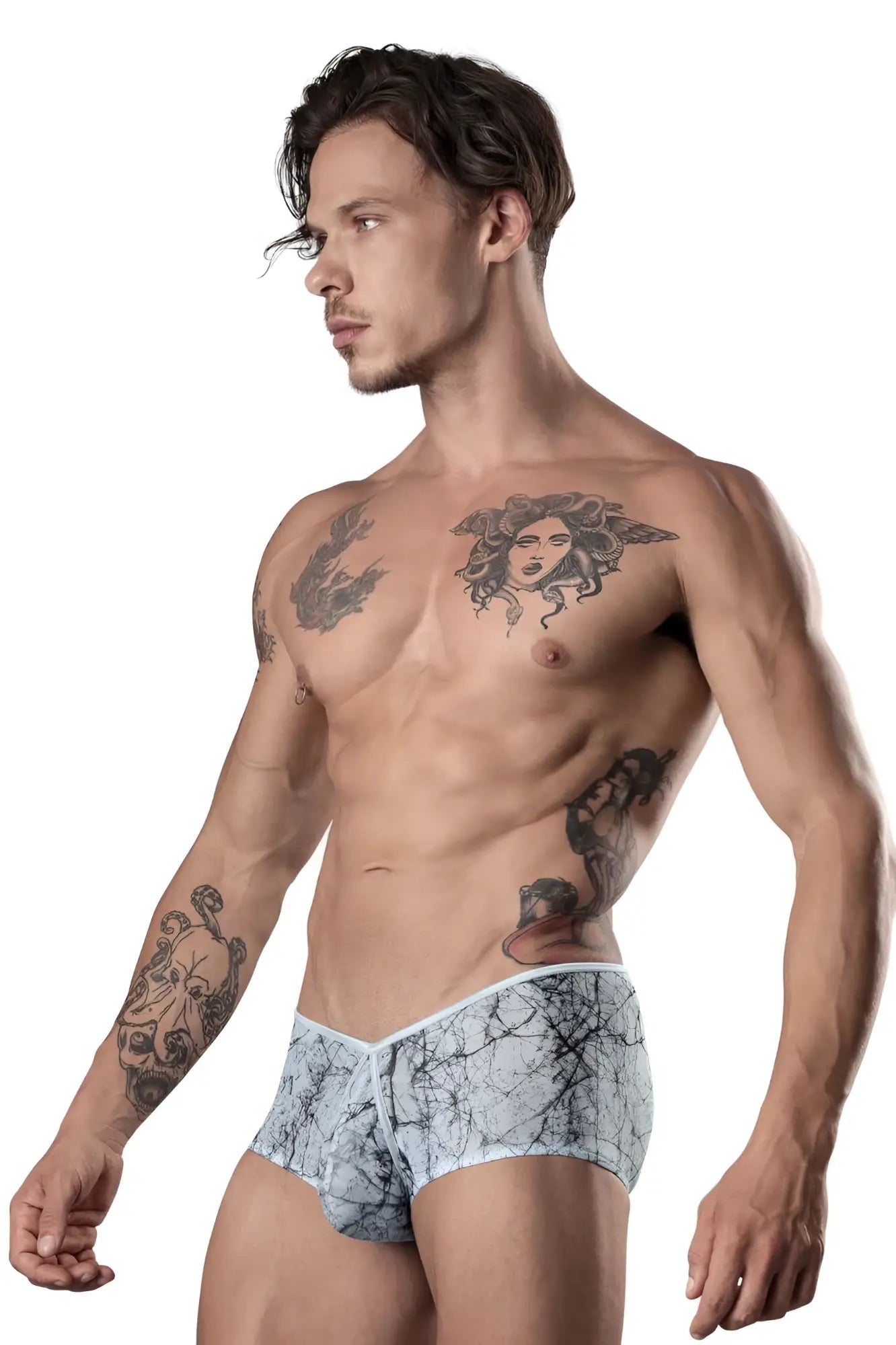 Light blue and white marble mesh micro mini short briefs by Male Power with a patterned design for men