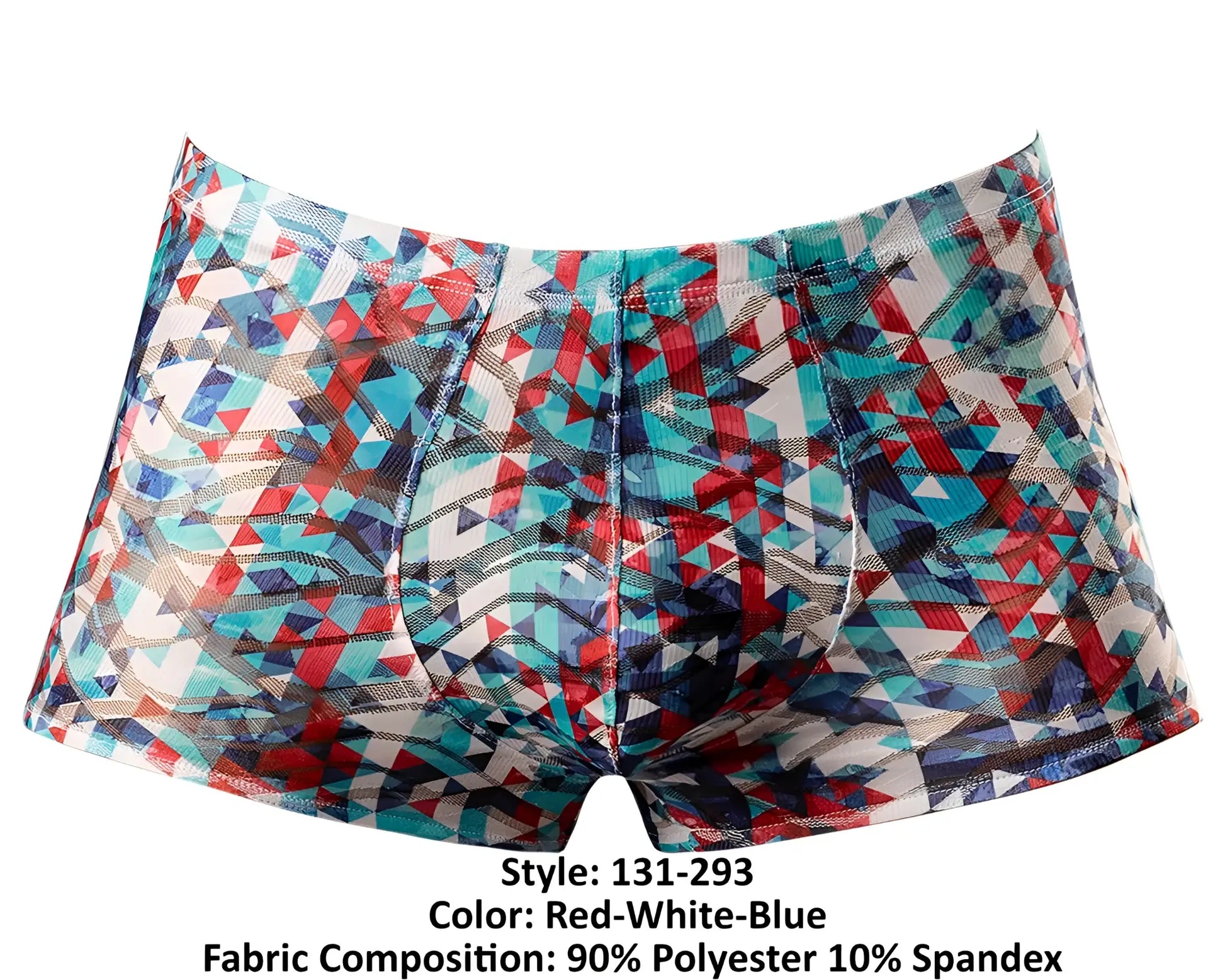 Male power 131-293 your lace or mine pouch short boxer briefs with red white and blue geometric pattern in polyester-spandex blend