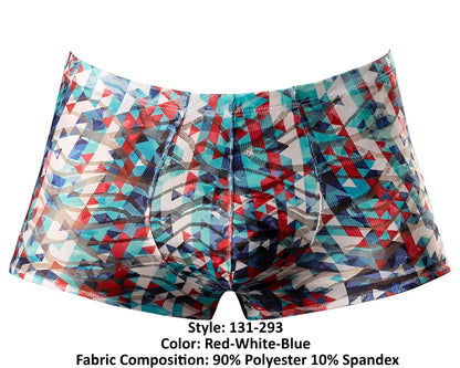 Male power 131-293 your lace or mine pouch short boxer briefs with red white and blue geometric pattern in polyester-spandex blend