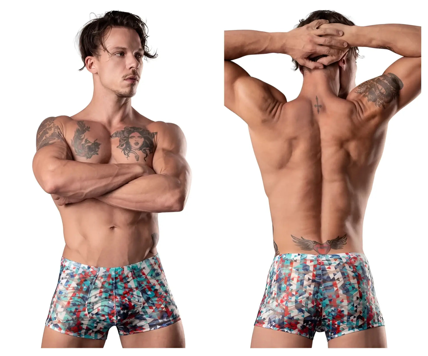 Male power 131-293 men’s boxer briefs with a vibrant red white and blue abstract geometric pouch design