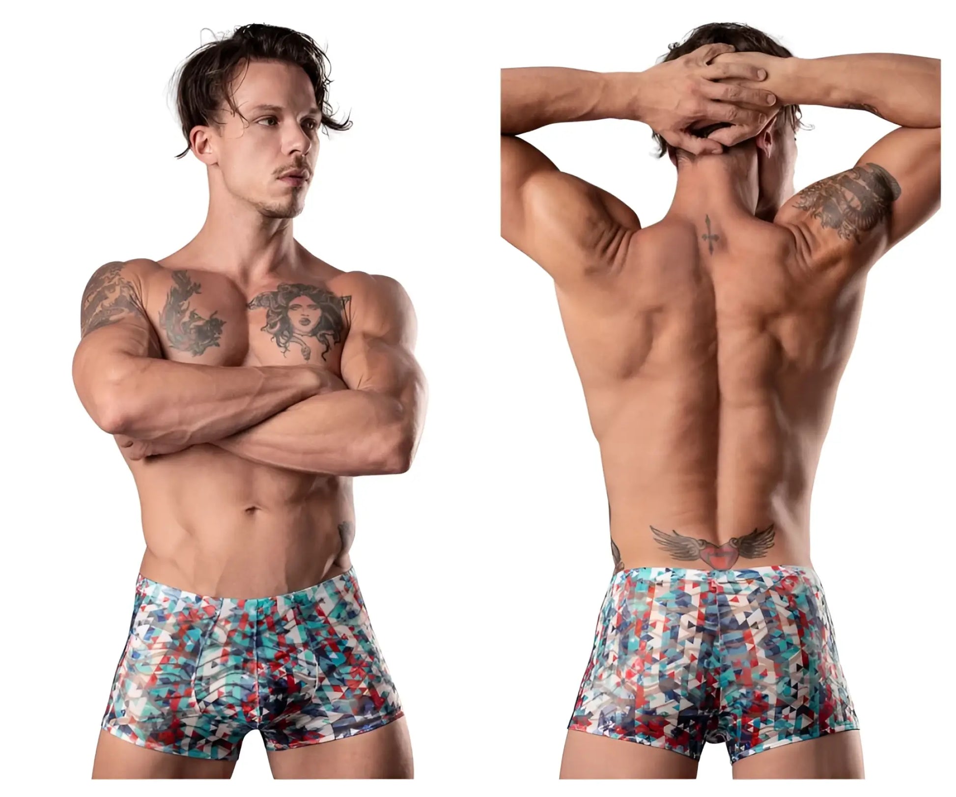 Male power 131-293 men’s boxer briefs with a vibrant red white and blue abstract geometric pouch design