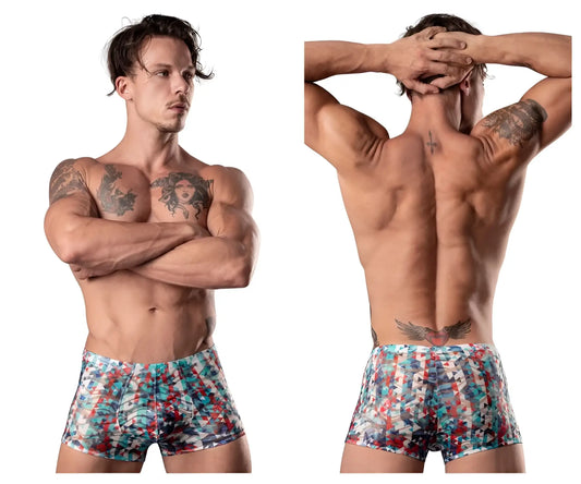 Male power 131-293 men’s boxer briefs with a vibrant red white and blue abstract geometric pouch design