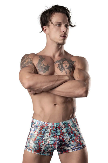 Men’s boxer briefs male power 131-293 your lace or mine pouch short with vibrant red white blue geometric pattern