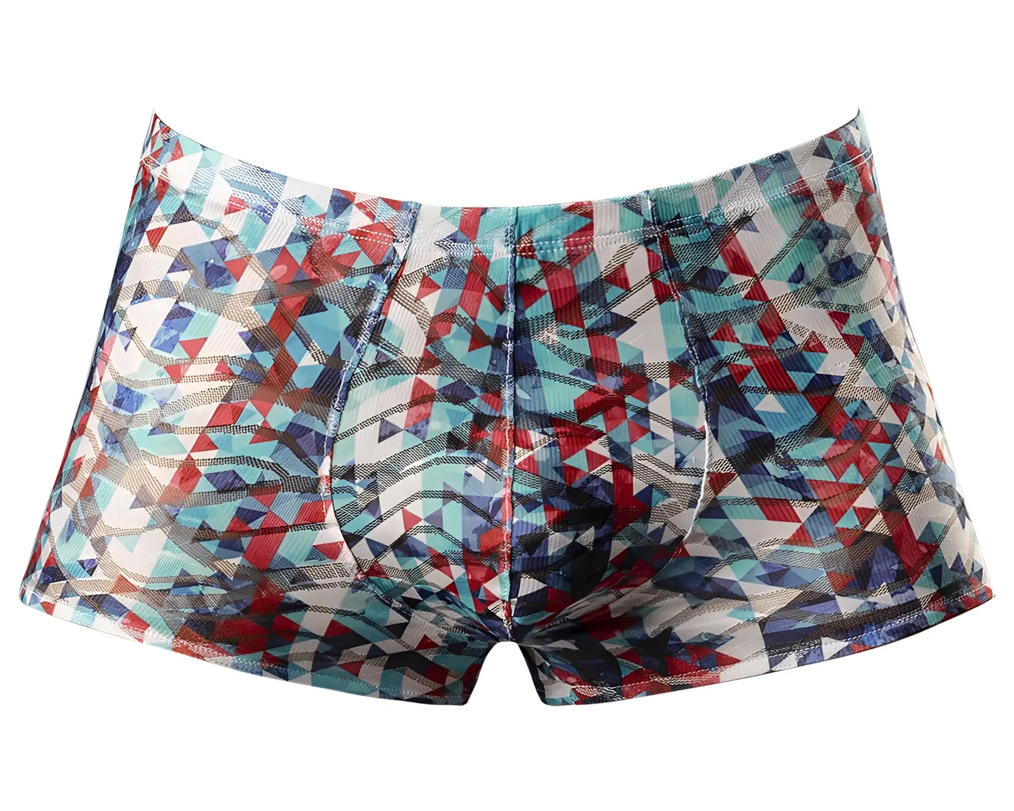 Male Power 131-293 pouch short boxer briefs in vibrant red white and blue geometric pattern for comfortable wear