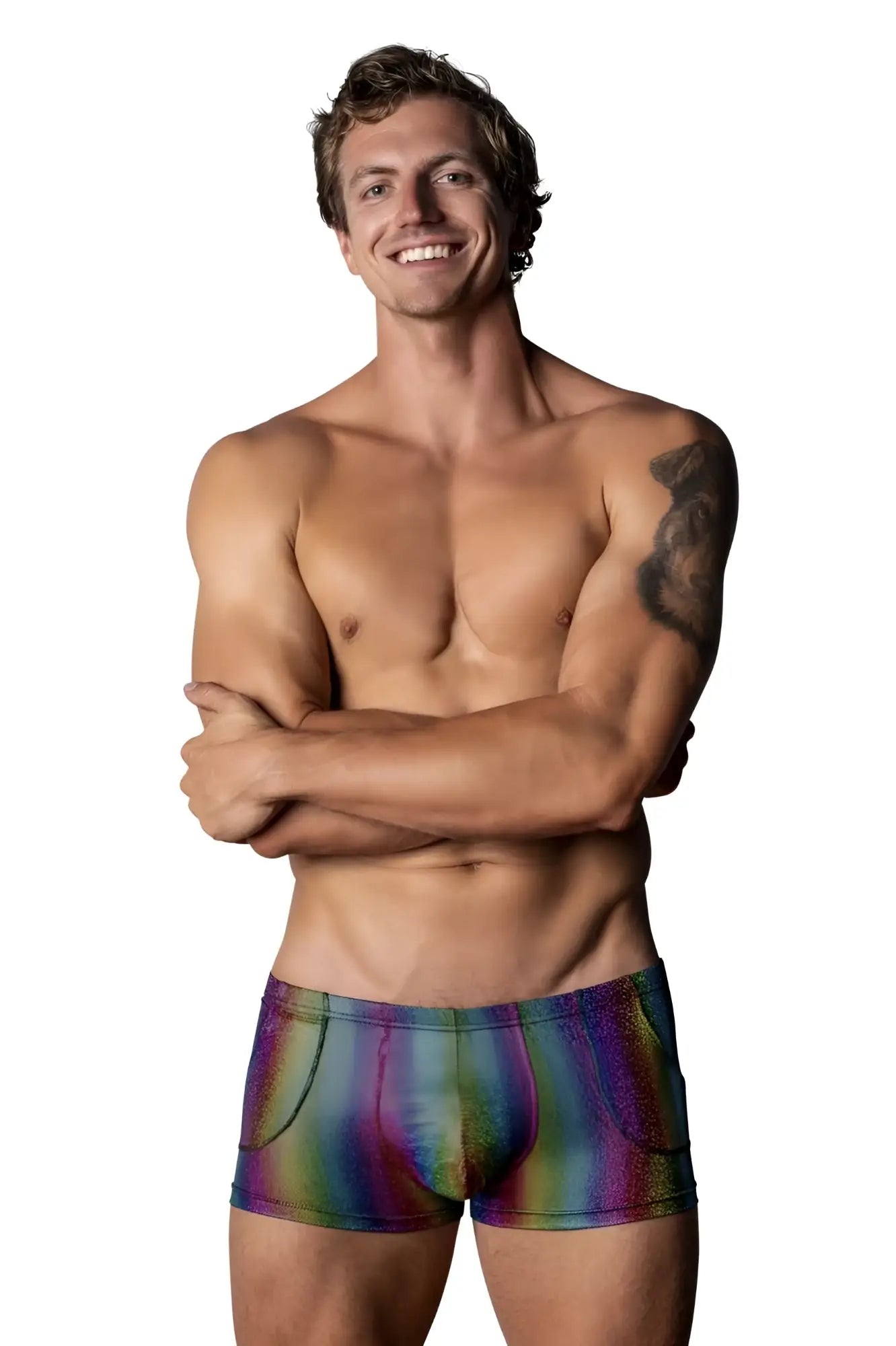 Male power 132-297 pack n play rainbow briefs featuring shimmering rainbow fabric and a sleek modern design
