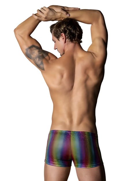 Male power 132-297 pack n play pocket short rainbow color shimmering glitter briefs with rainbow stripes