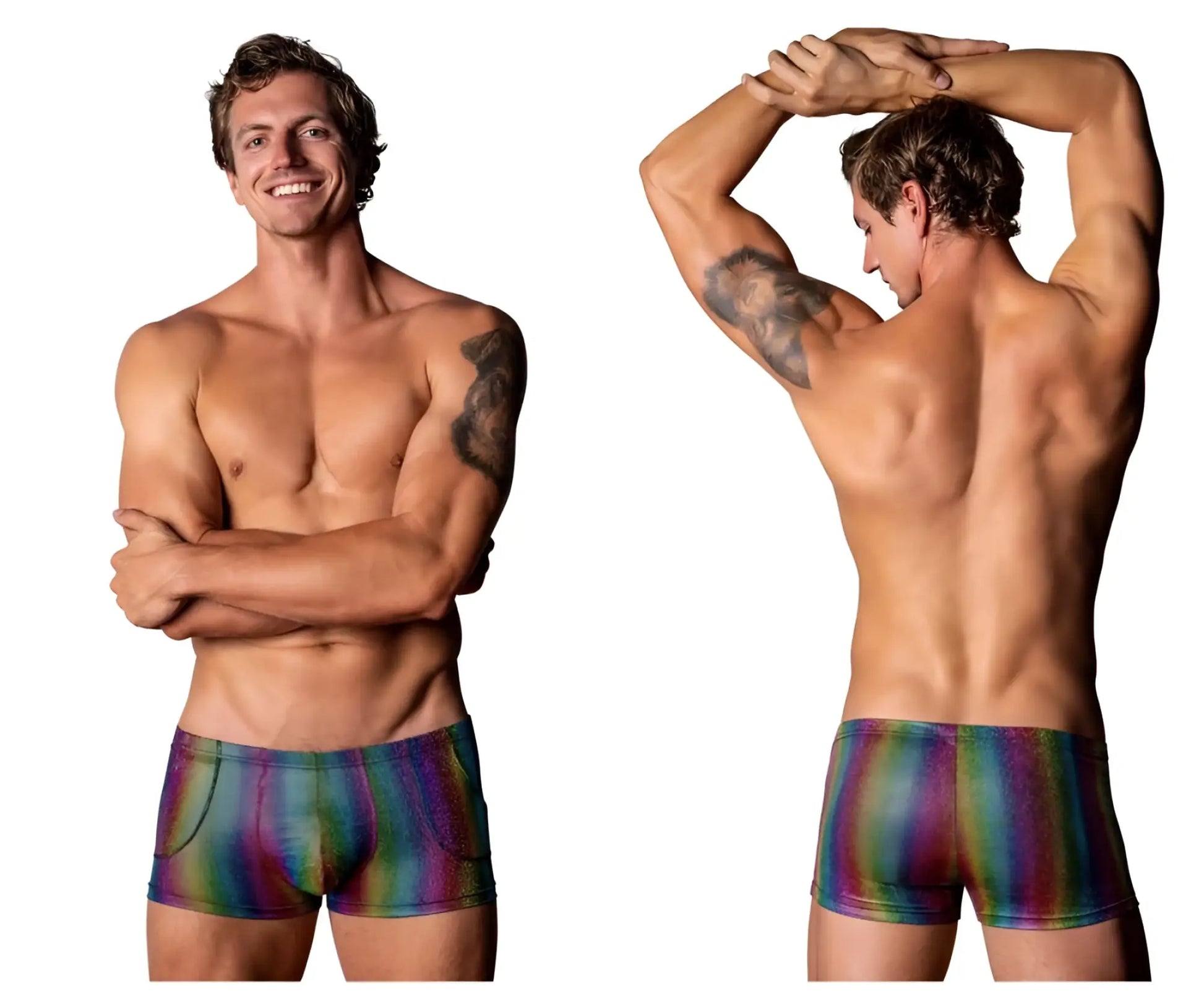 Male power 132-297 pack n play pocket short rainbow brief with iridescent rainbow-striped sleek modern design