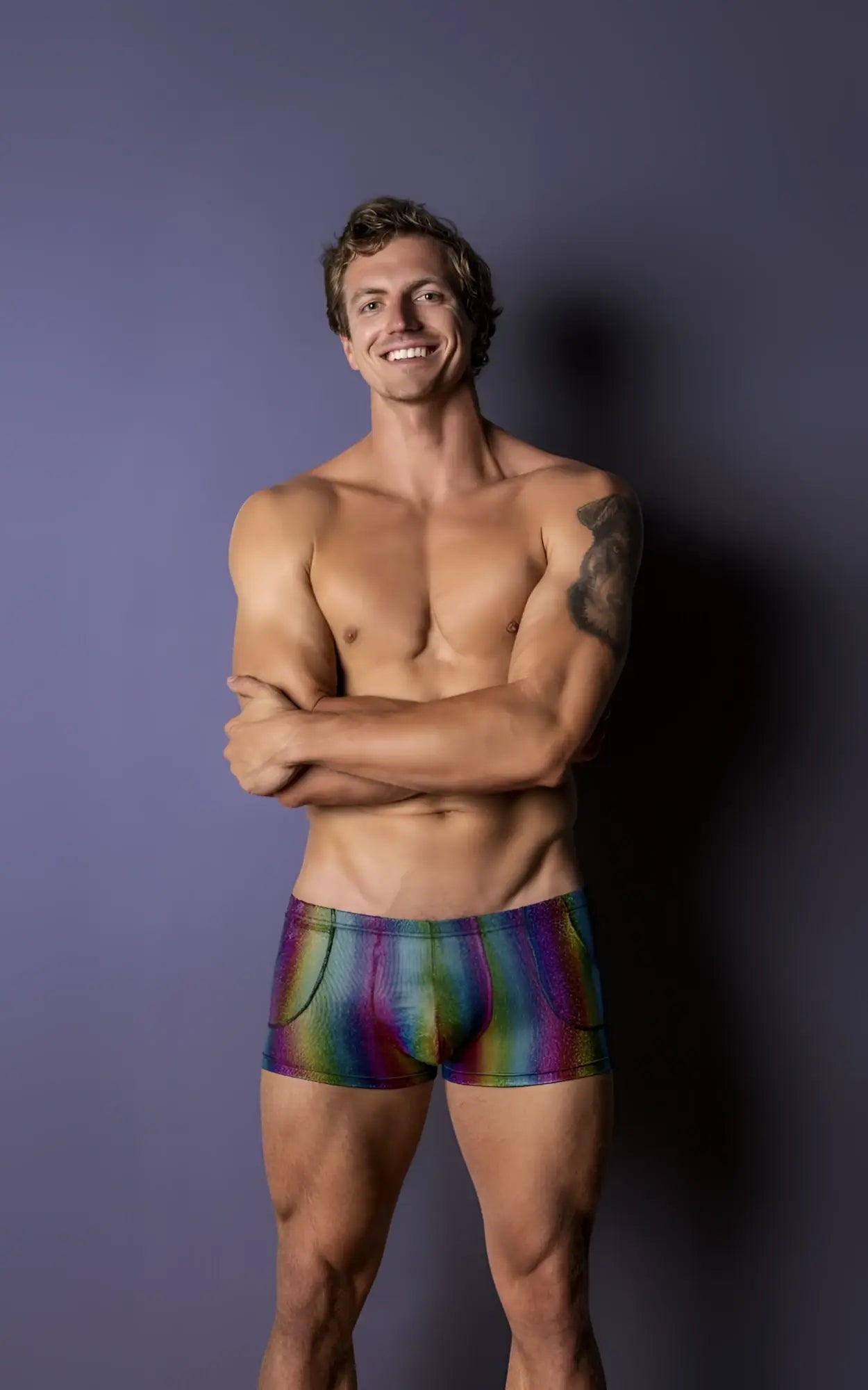 Male power 132-297 pack n play pocket shorts in rainbow-striped iridescent fabric with a sleek modern design