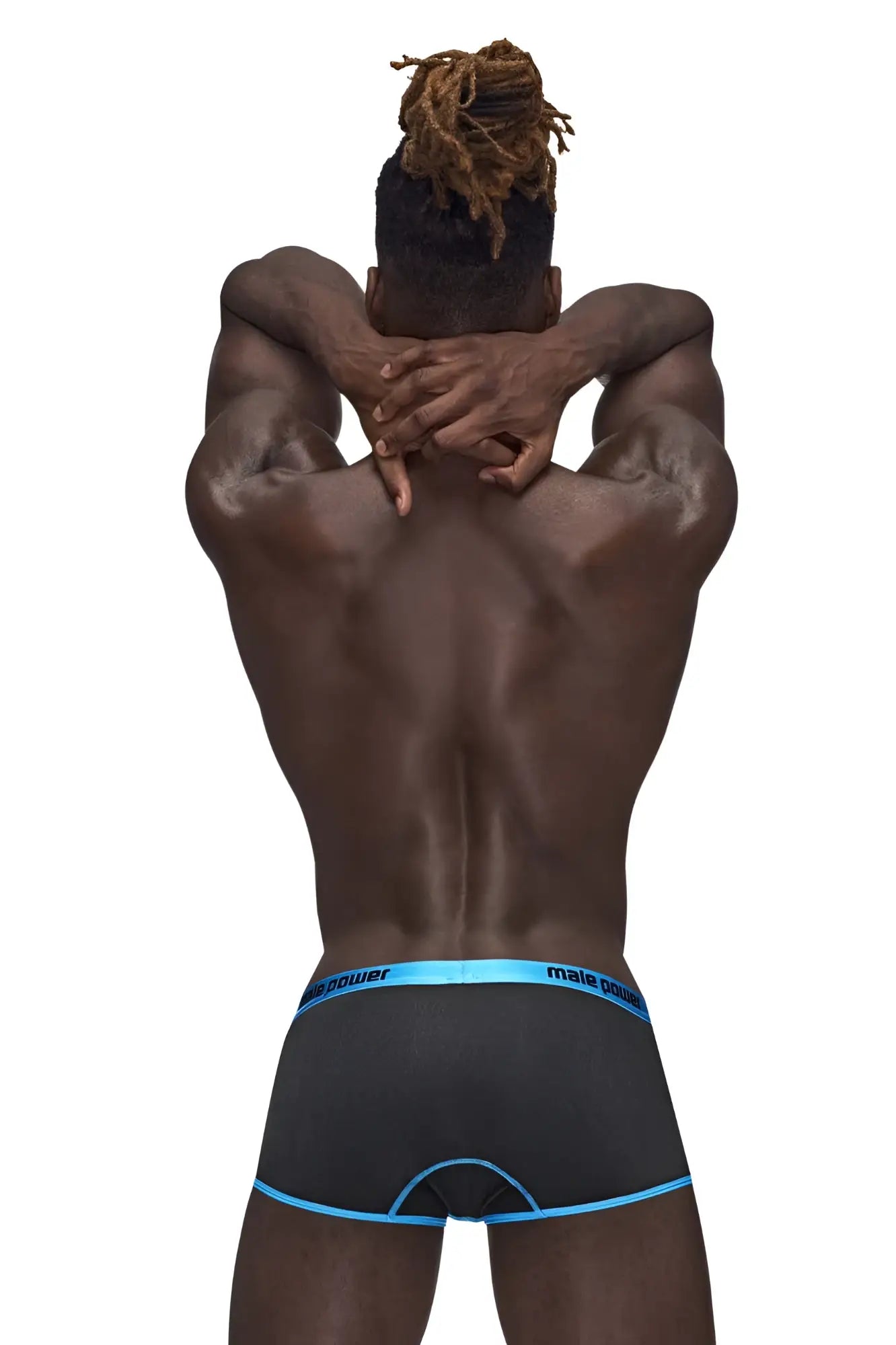 Male power casanova uplift mini short black briefs with light blue trim and branded waistband for men