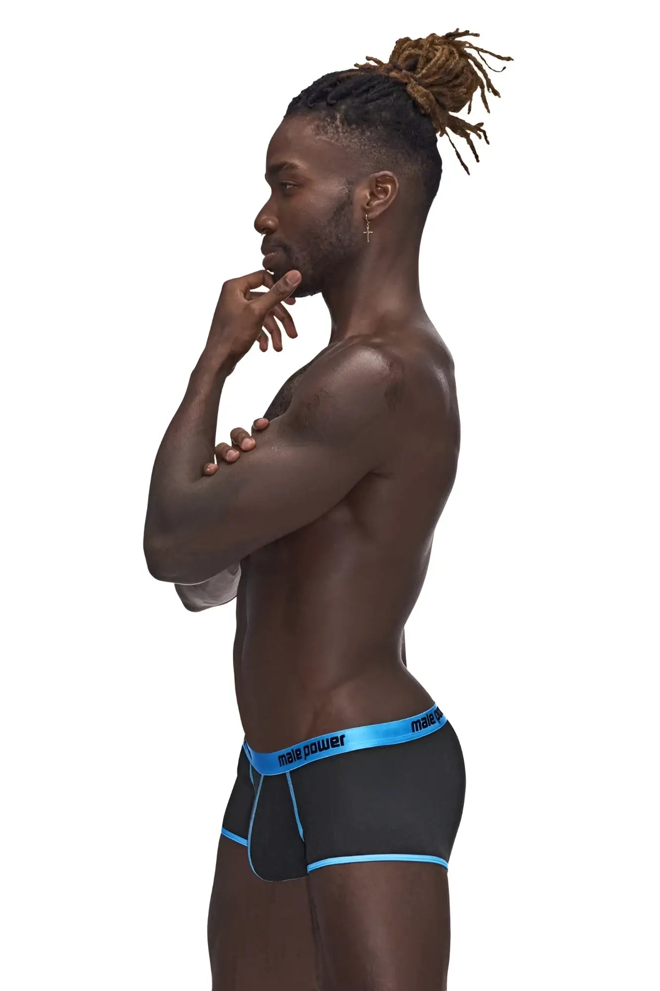 Male power 143-270 casanova uplift mini short black briefs with blue trim and male power branding on front