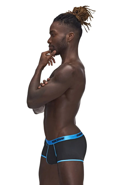 Male power 143-270 casanova uplift mini short black briefs with blue trim and male power branding on front