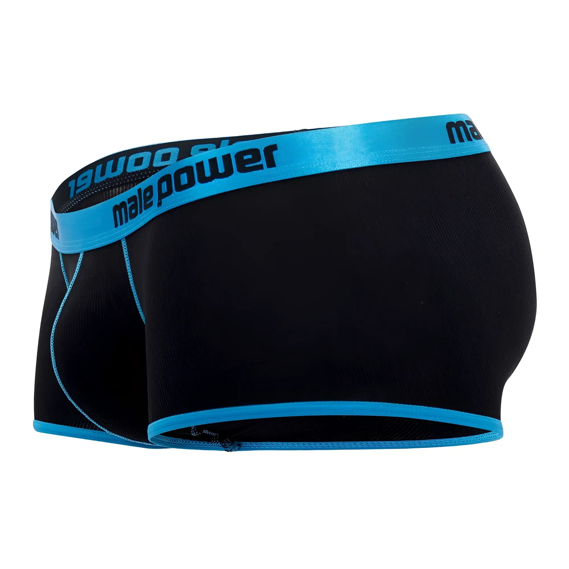Black male power 143-270 casanova uplift mini shorts with bright blue waistband and black logo on black briefs