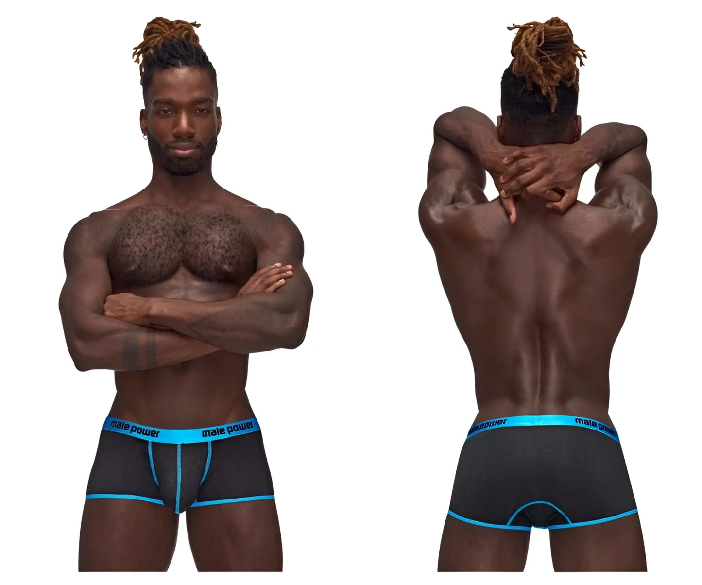Male power 143-270 casanova uplift mini short black briefs with bright blue trim and male power branding