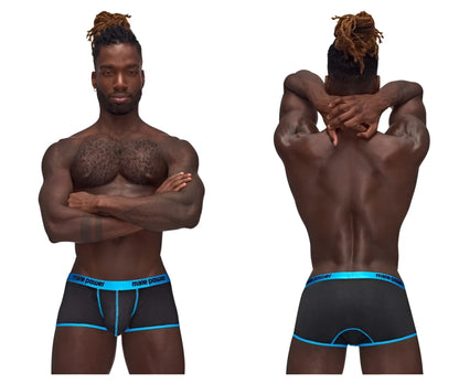 Male power 143-270 casanova uplift mini short black briefs with bright blue trim and male power branding